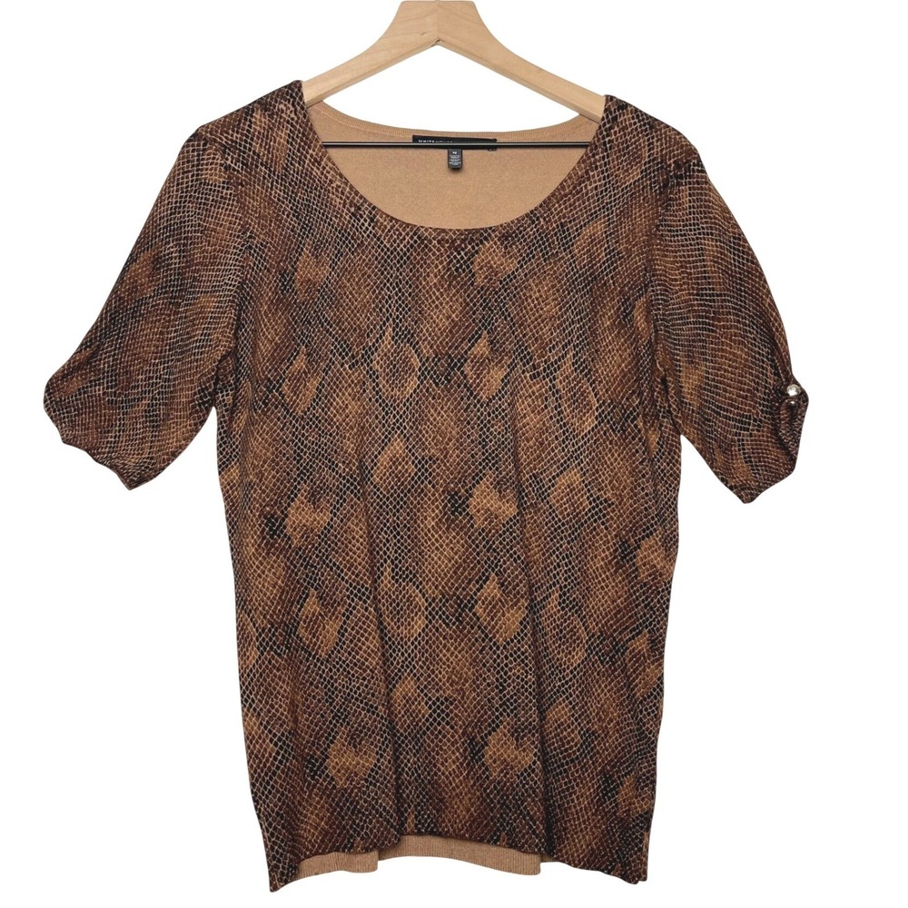 WHBM Snake Print Scoop Neck Short Sleeve Knit Top Brown Medium